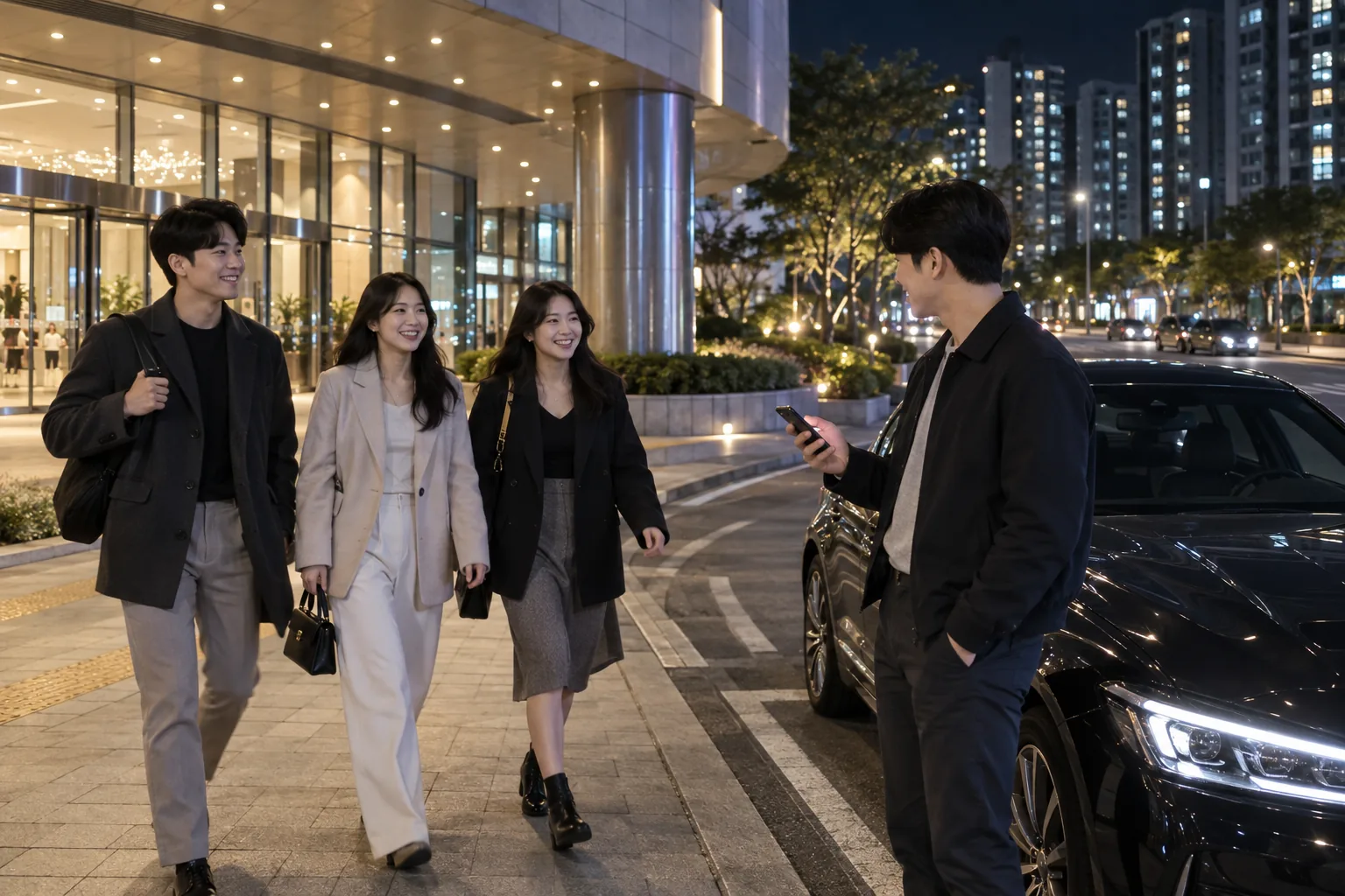 남동구의 찾기 쉬운 건물 앞에서 픽업 연락을 확인하는 한국인 성인 네 명