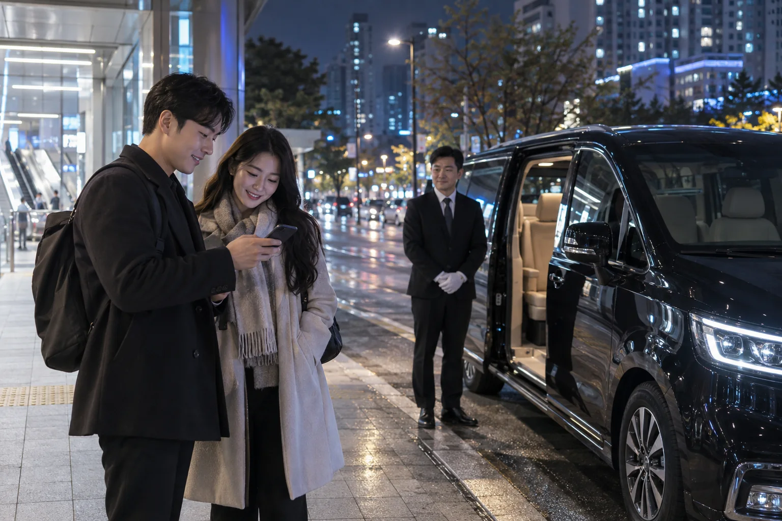 남동구의 안전한 도로변에서 픽업 차량을 확인하는 성인 두 명