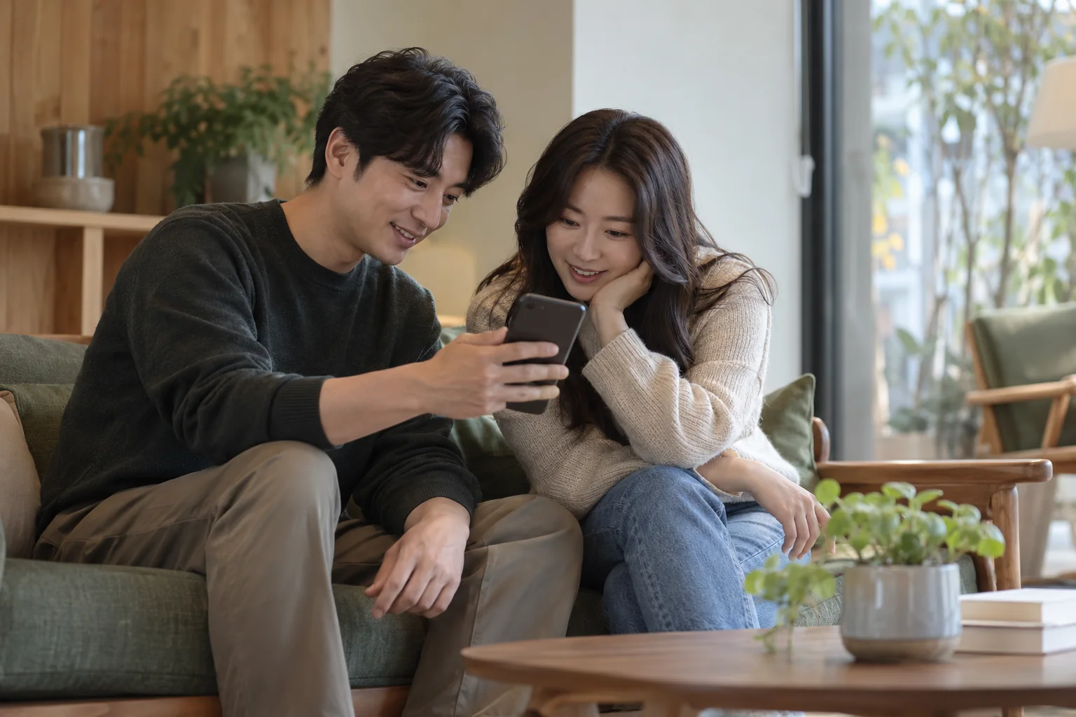 함께 찍은 사진을 휴대전화로 확인하는 성인 두 명