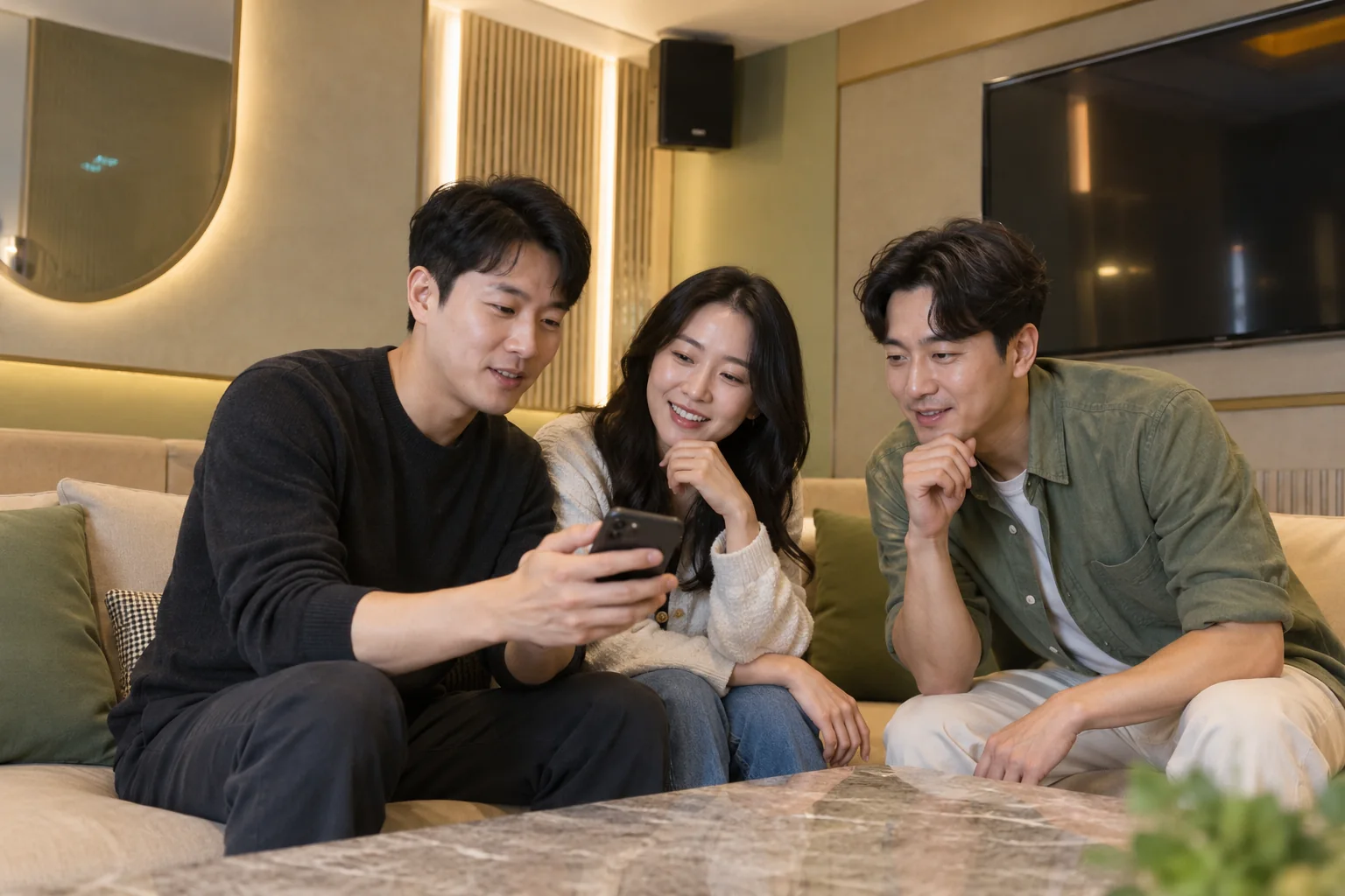 휴대전화를 보며 단체 사진 촬영 여부를 의논하는 성인 친구들